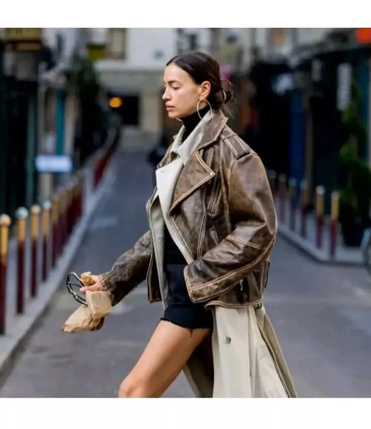 WOMEN REAL LEATHER BIKER DISTRESS OVERSIZE JACKET