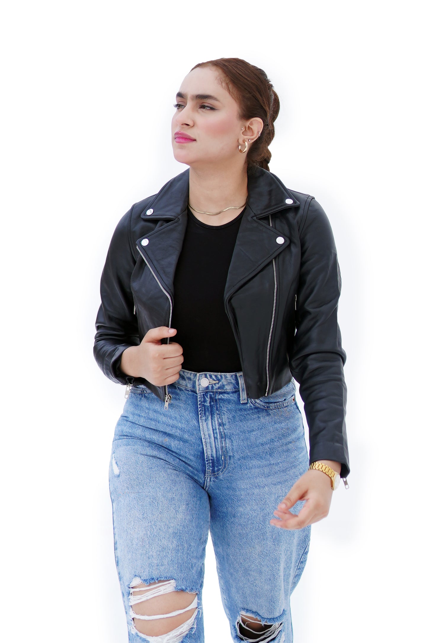 New Women Black Slim Fit Biker Style Moto Genuine Leather Jacket