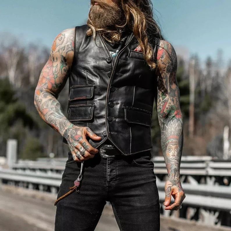 Men's Distress Black Cow Hide Leather Vest