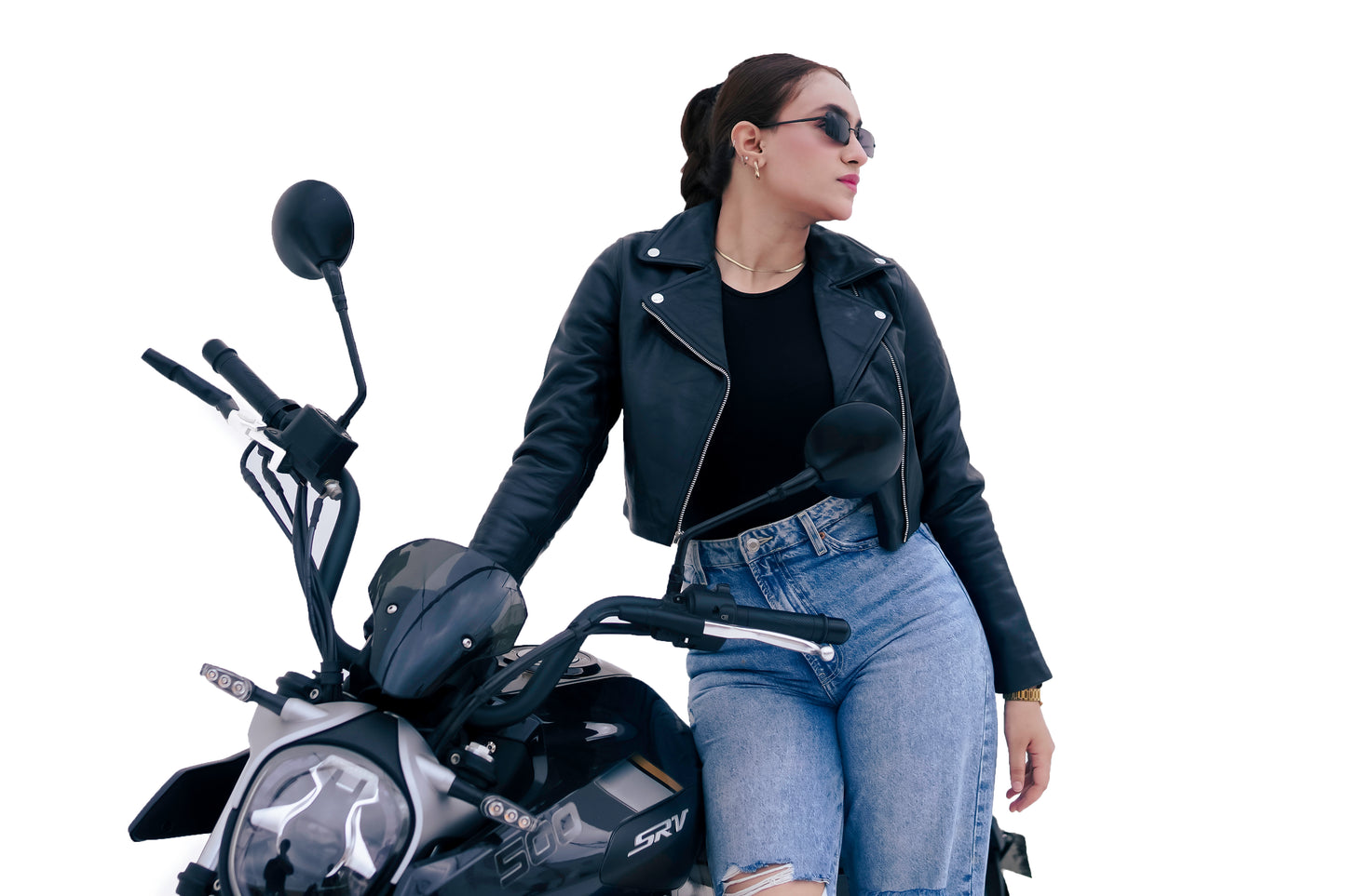 New Women Black Slim Fit Biker Style Moto Genuine Leather Jacket