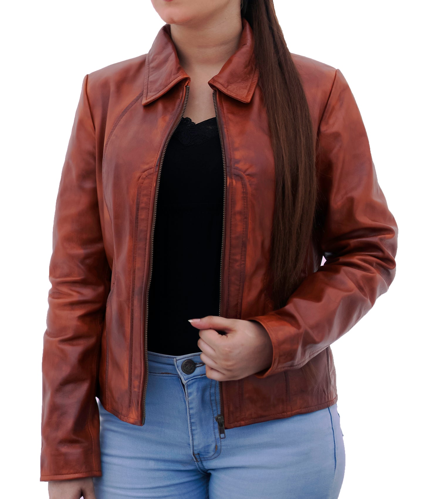 Women's Jennifer Lopez Distressed Brown Leather Motorcycle Jacket