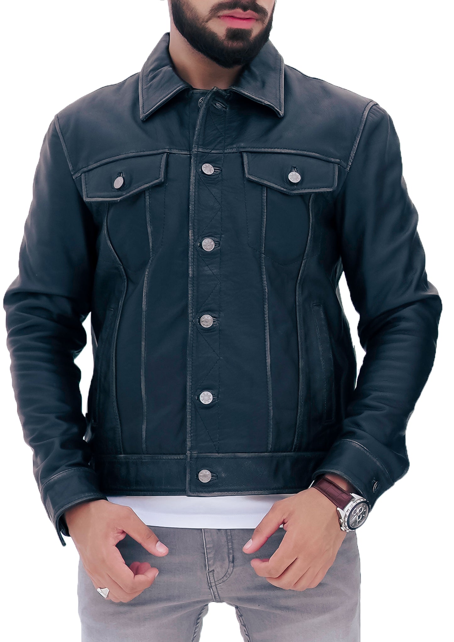 NEW MENS TRUCKER BLACK VINTAGE BIKER LEATHER JACKET