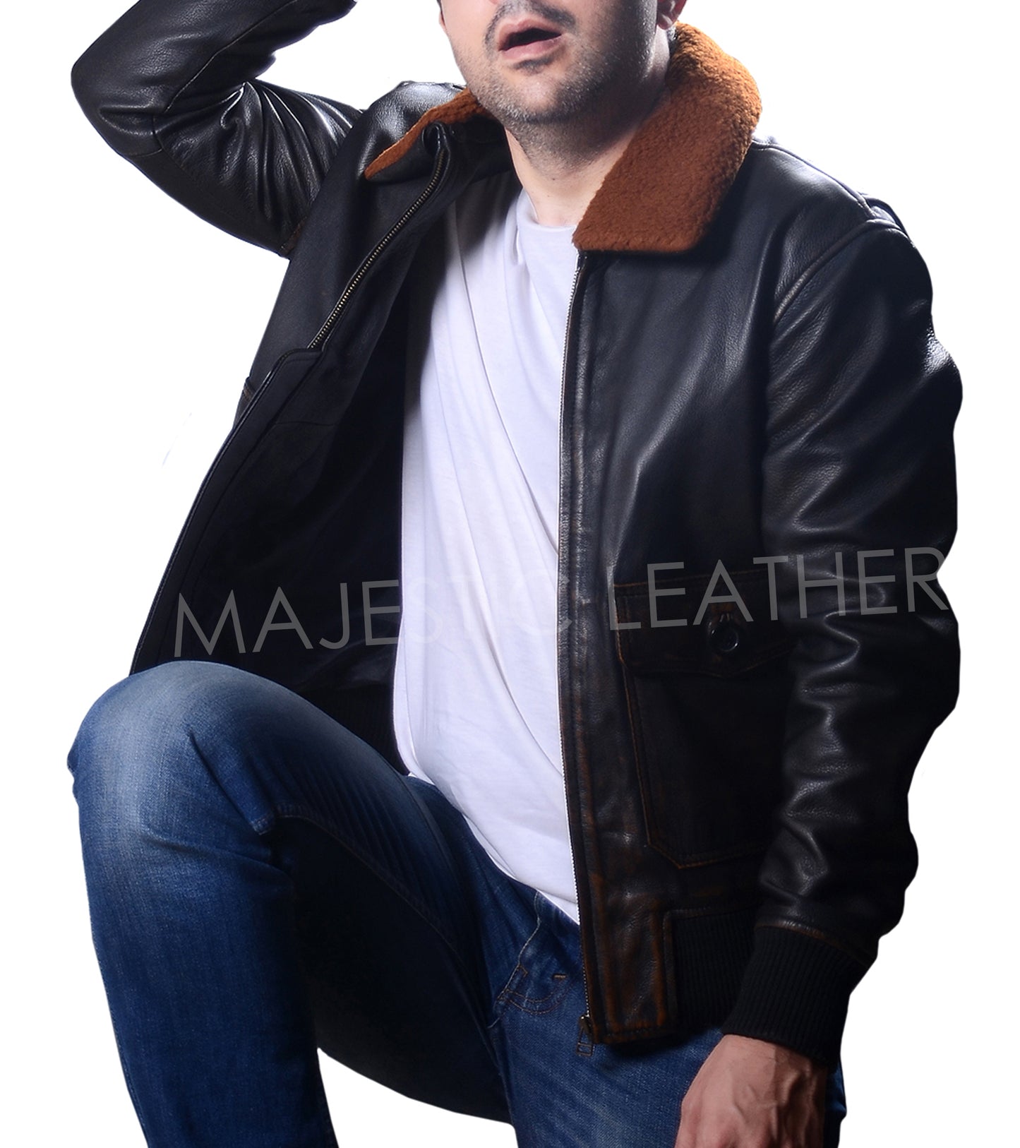 New Men's G-1 Navy Leather Bomber Distressed Brown Real Leather Jacket