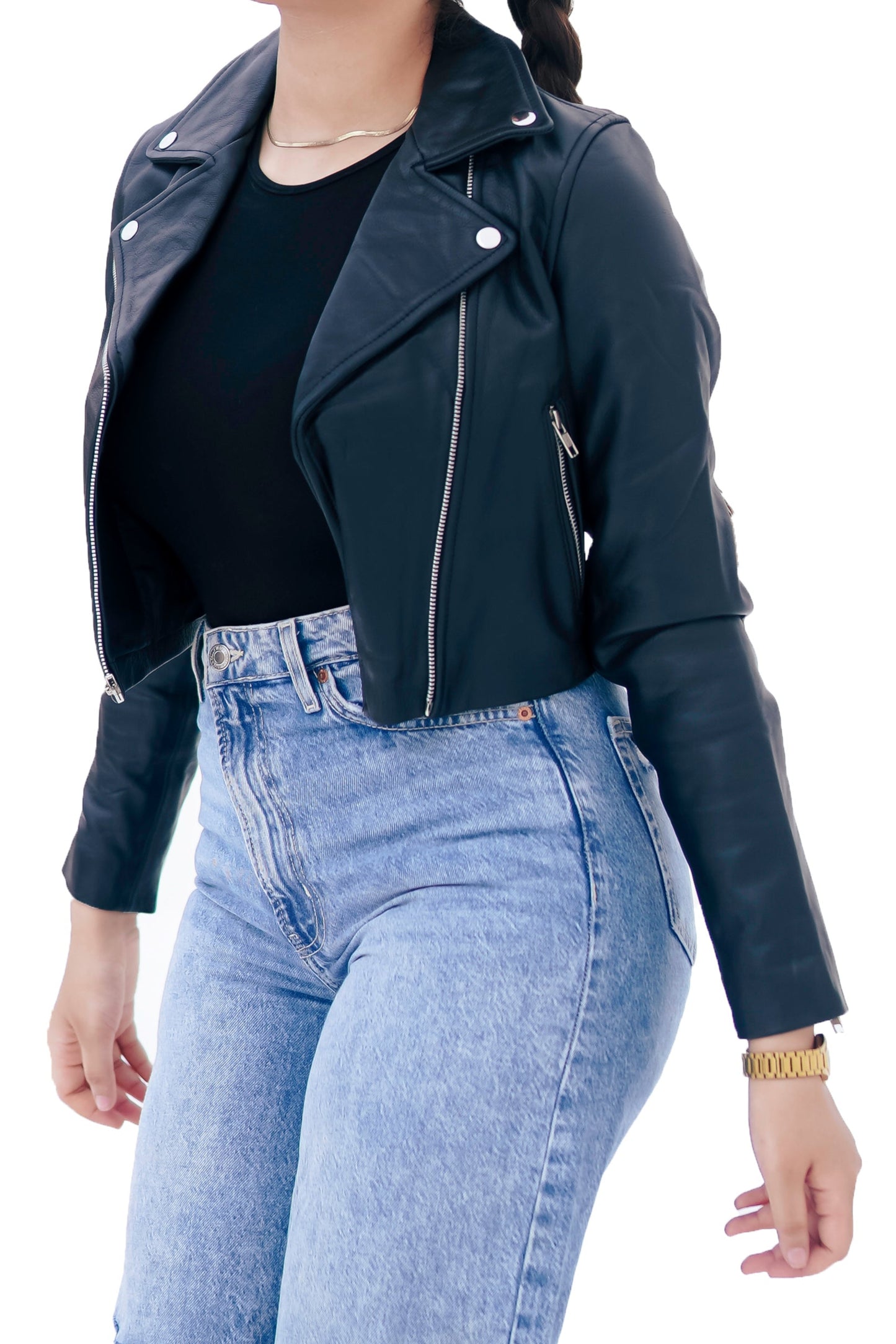 Neu Damen Schwarze Slim Fit Biker Style Moto Echtlederjacke