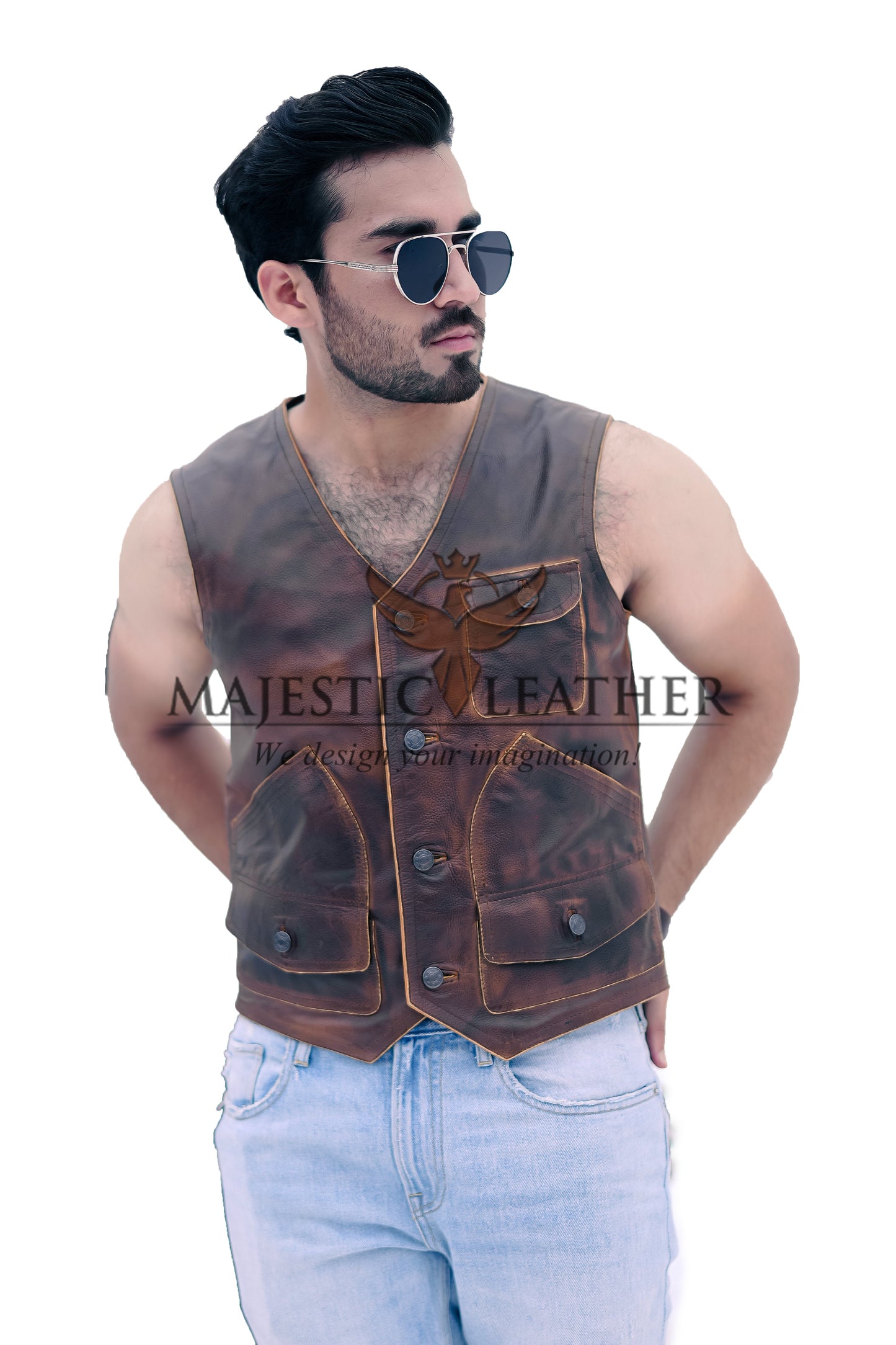 New Men's Biker Vintage Tan Brown Real Leather Motorcycle Vest Majestic Leather