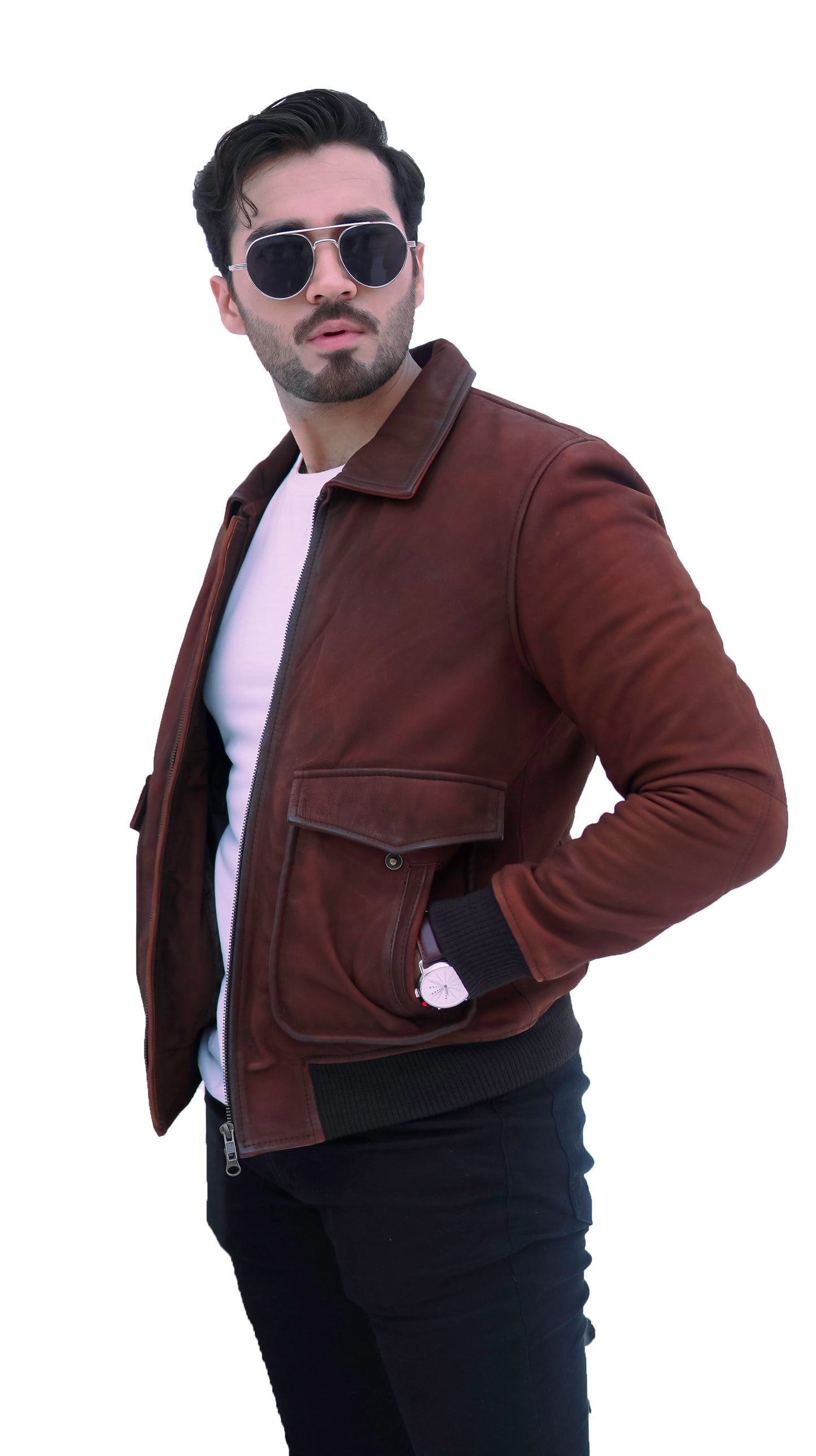 NEW AVIATOR BOMBER PILOT REDDISH BROWN NUBUCK LEATHER JACKET