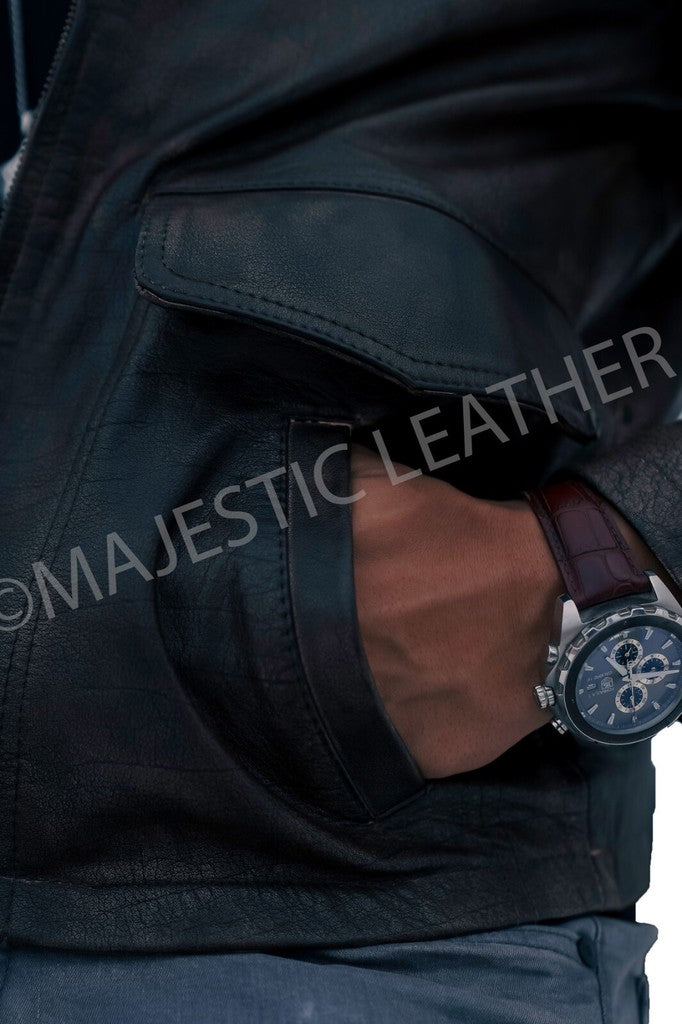 Majestic Leather - New Men's Aviator Distress Black Grey Real Leather Jacket