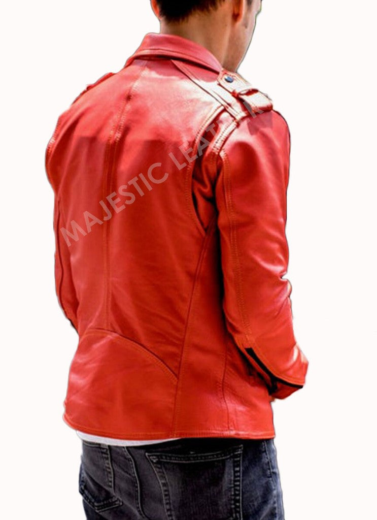 Majestic Leather - Men's Fashion Red Vintage Motorcycle Cafe Racer Genuine Leather Jacket