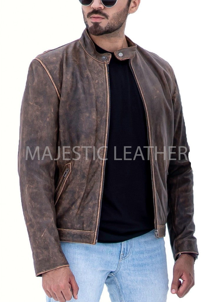 Majestic Leather - New Men's Distressed Cafe Racer Brown Leather Jacket