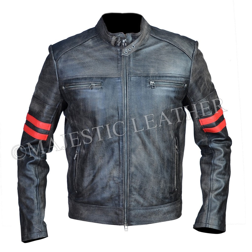 Majestic Leather - Men's Distressed Black Blooded Stripped Smart Racer Biker Leather Jacket