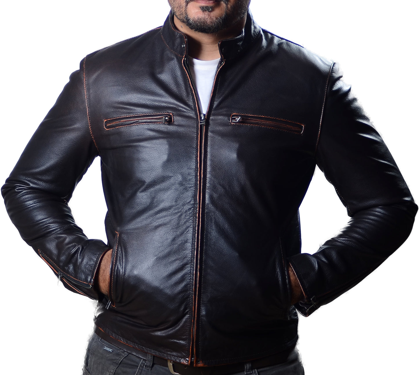 Men's New Contraband Diamond Distressed Black Vintage Look Biker Leather Jacket
