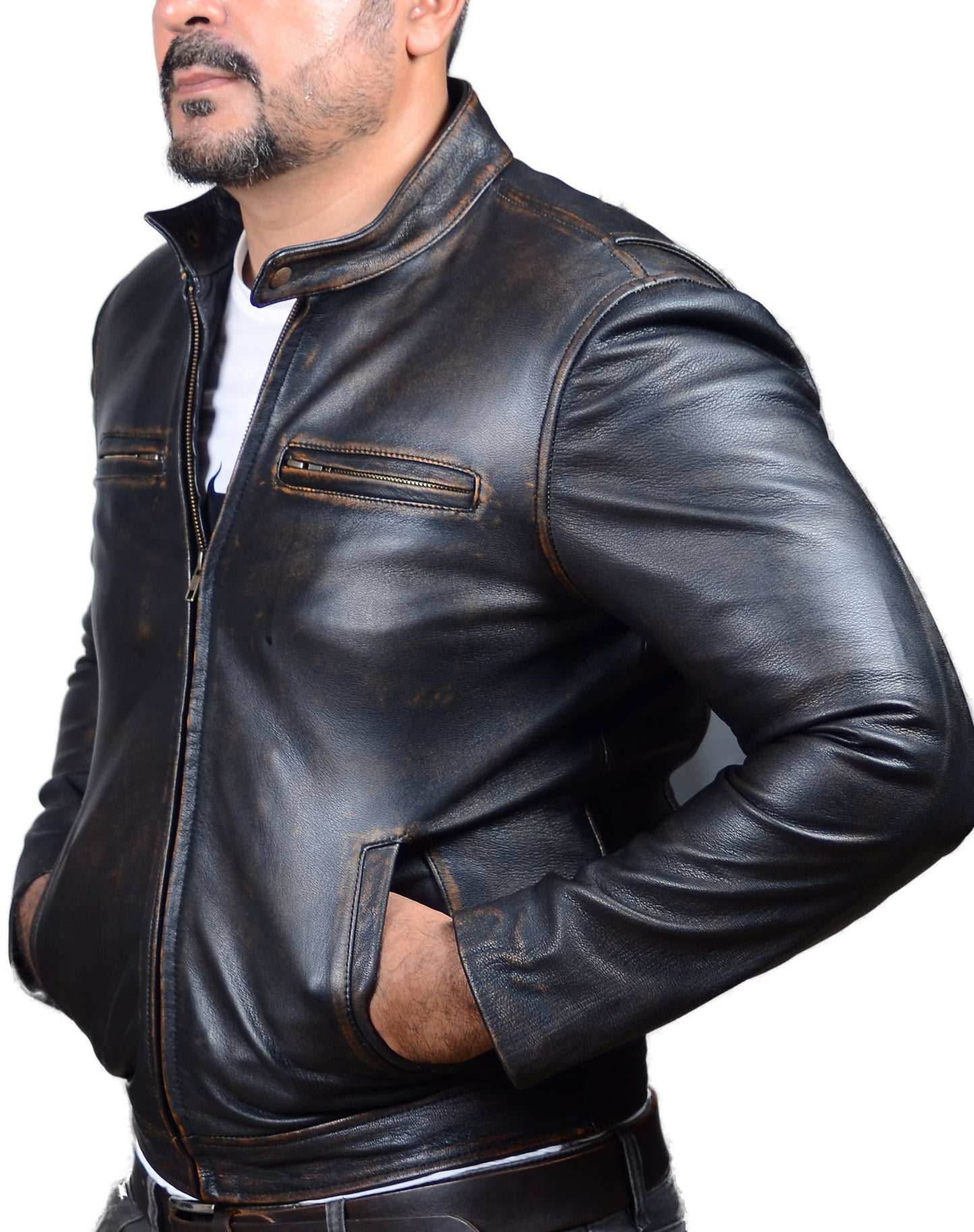 Men's New Contraband Diamond Distressed Black Vintage Look Biker Leather Jacket