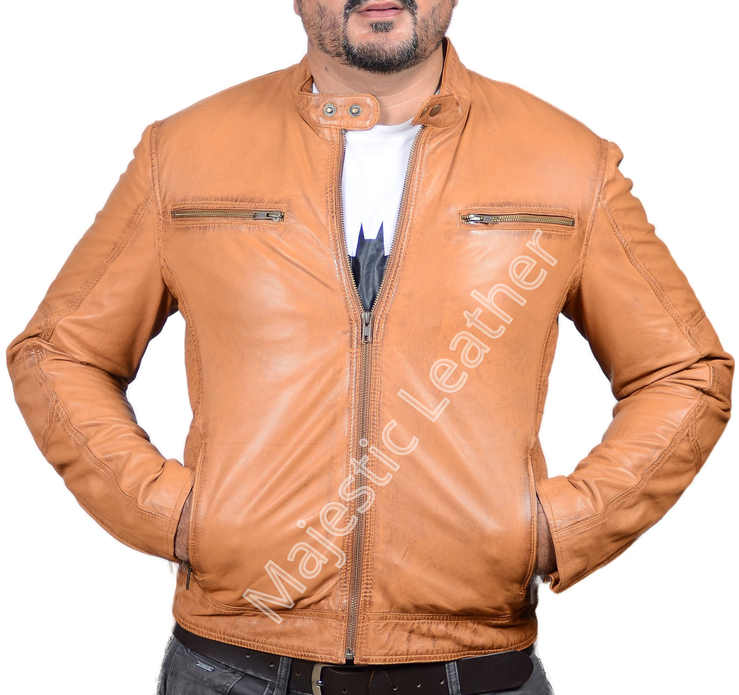 NEW MENS BRITISH TAN REAL LAMBSKIN PREMIUM BIKER LEATHER JACKET