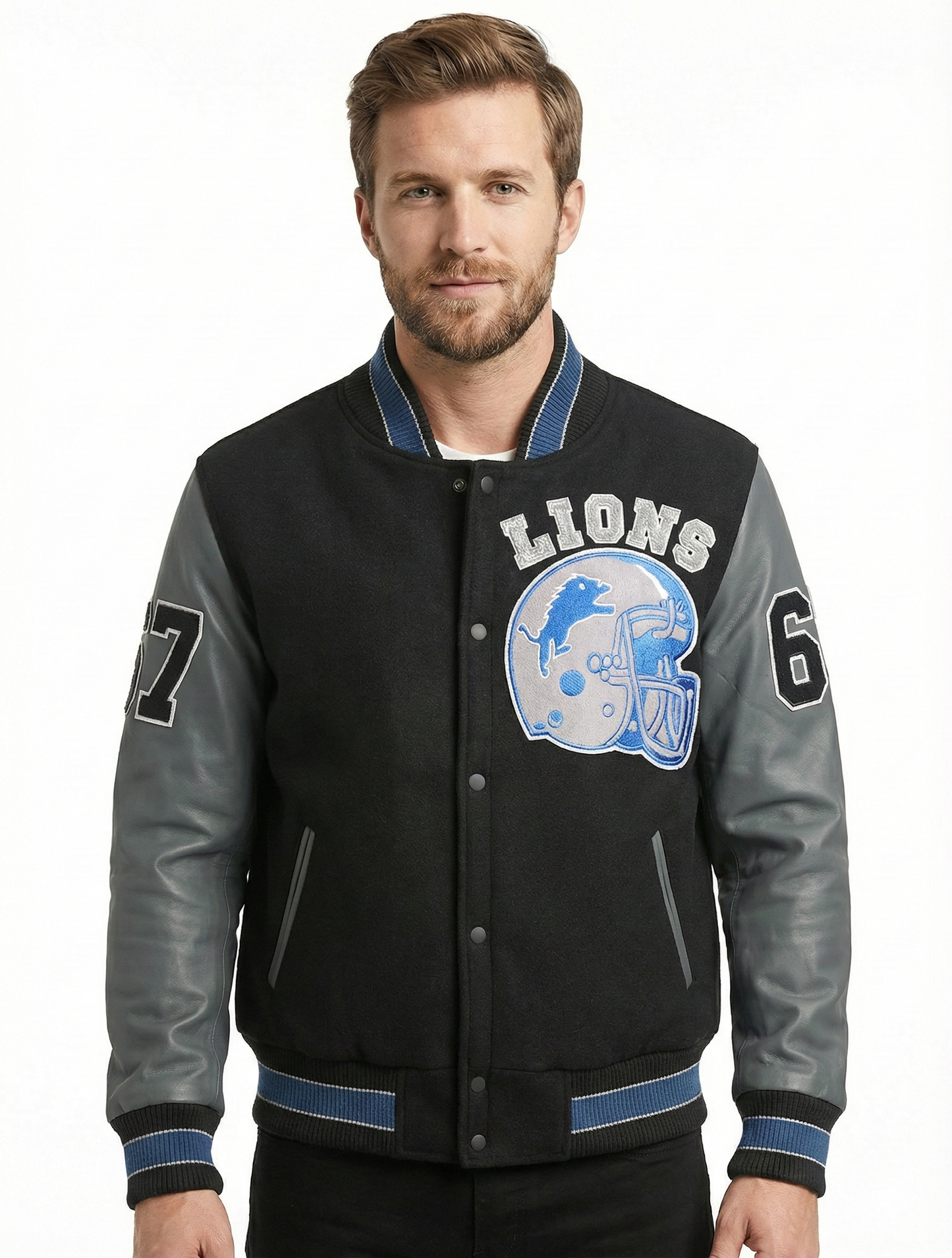 Beverly Hills Cop Detroit Lions Varsity Jacket style - 252 | Majestic Leather — front view | Majestic Leather UK