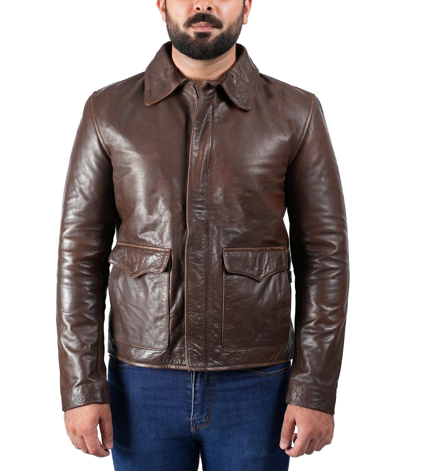 Raiders of The Lost Indiana Mens Jacket Vintage Brown Distressed Leather Harrison Jacket — product detail | Majestic Leather