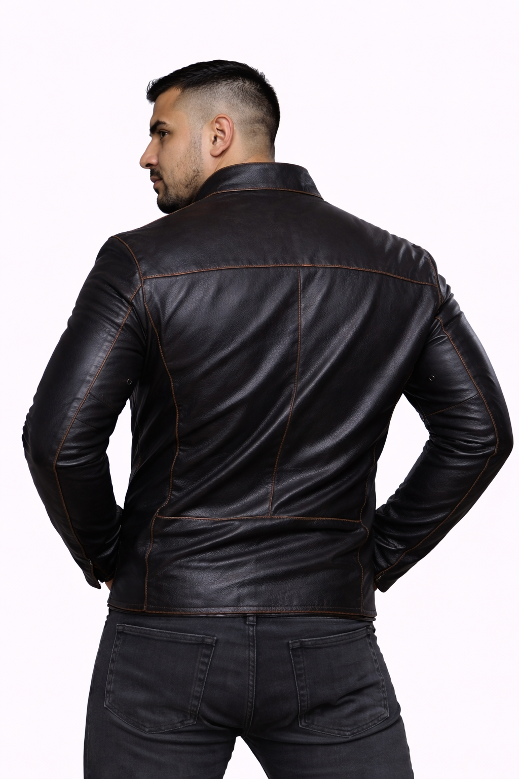 Men's New F&R Distressed Black Vintage Look Biker Leather Jacket Majestic Leather