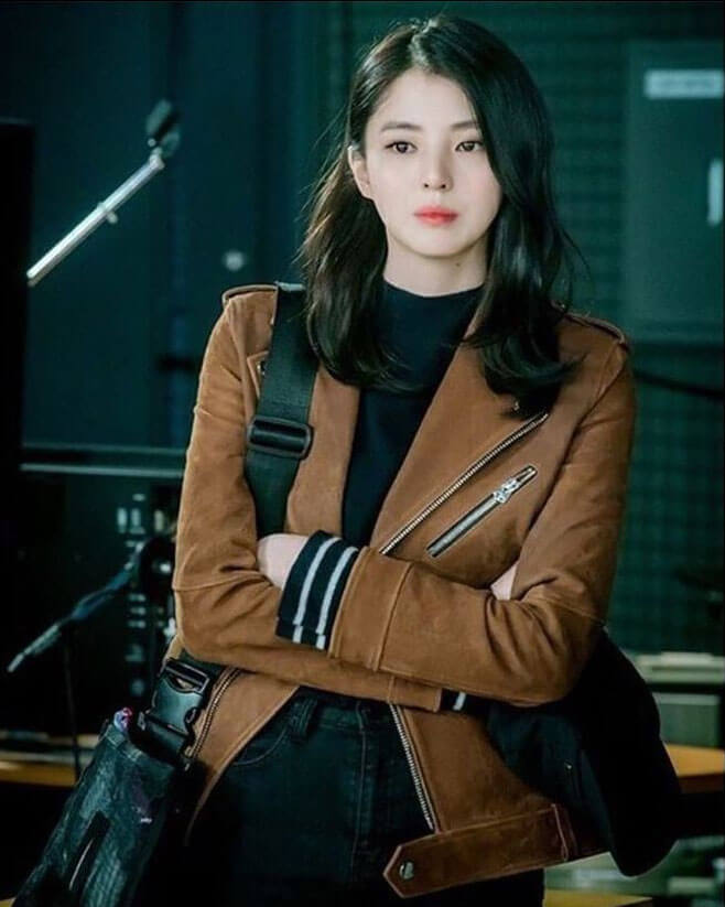 Han So-Hee Celebrity Brown Biker Jacket — front view | Majestic Leather UK