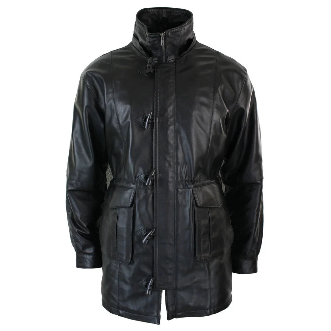 New Men's 3/4 Long Real Leather Duffle Jacket Coat Safari Detachable Hood