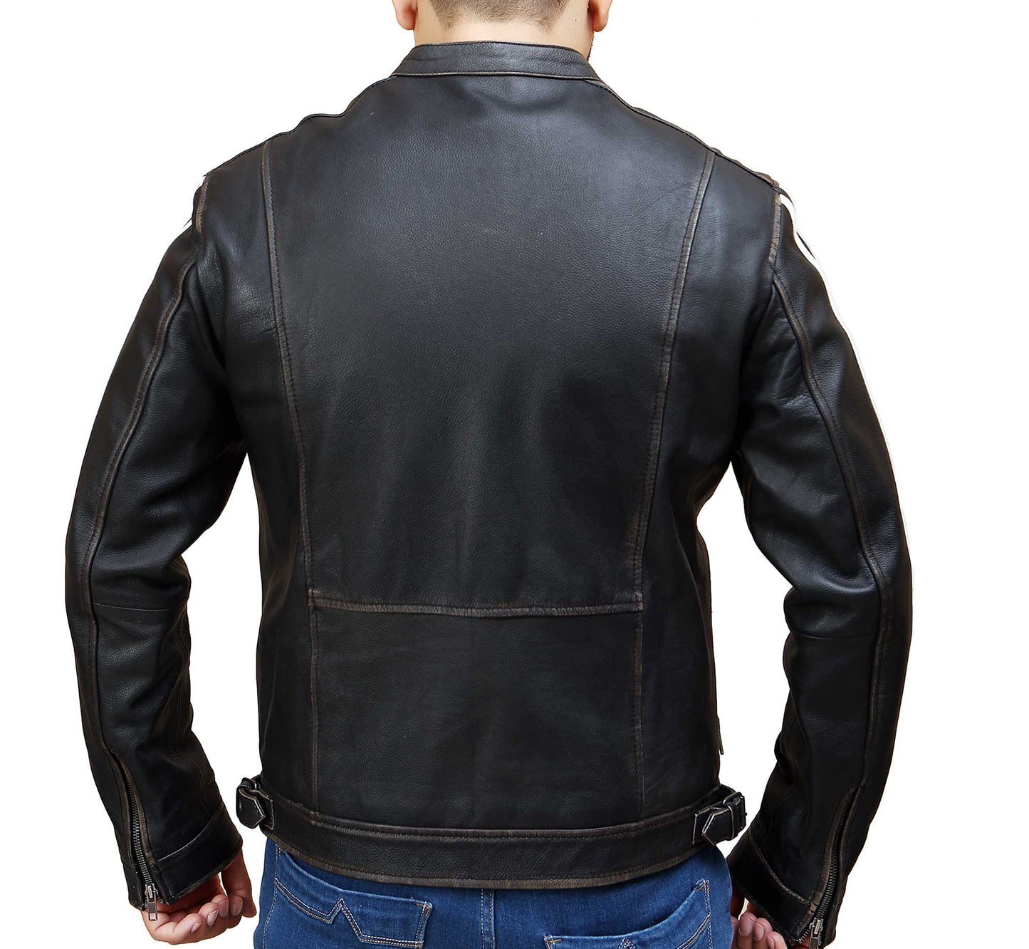Black Distress With White Straps Real Leather Jacket | Majestic Leather — collar detail | Majestic Leather UK
