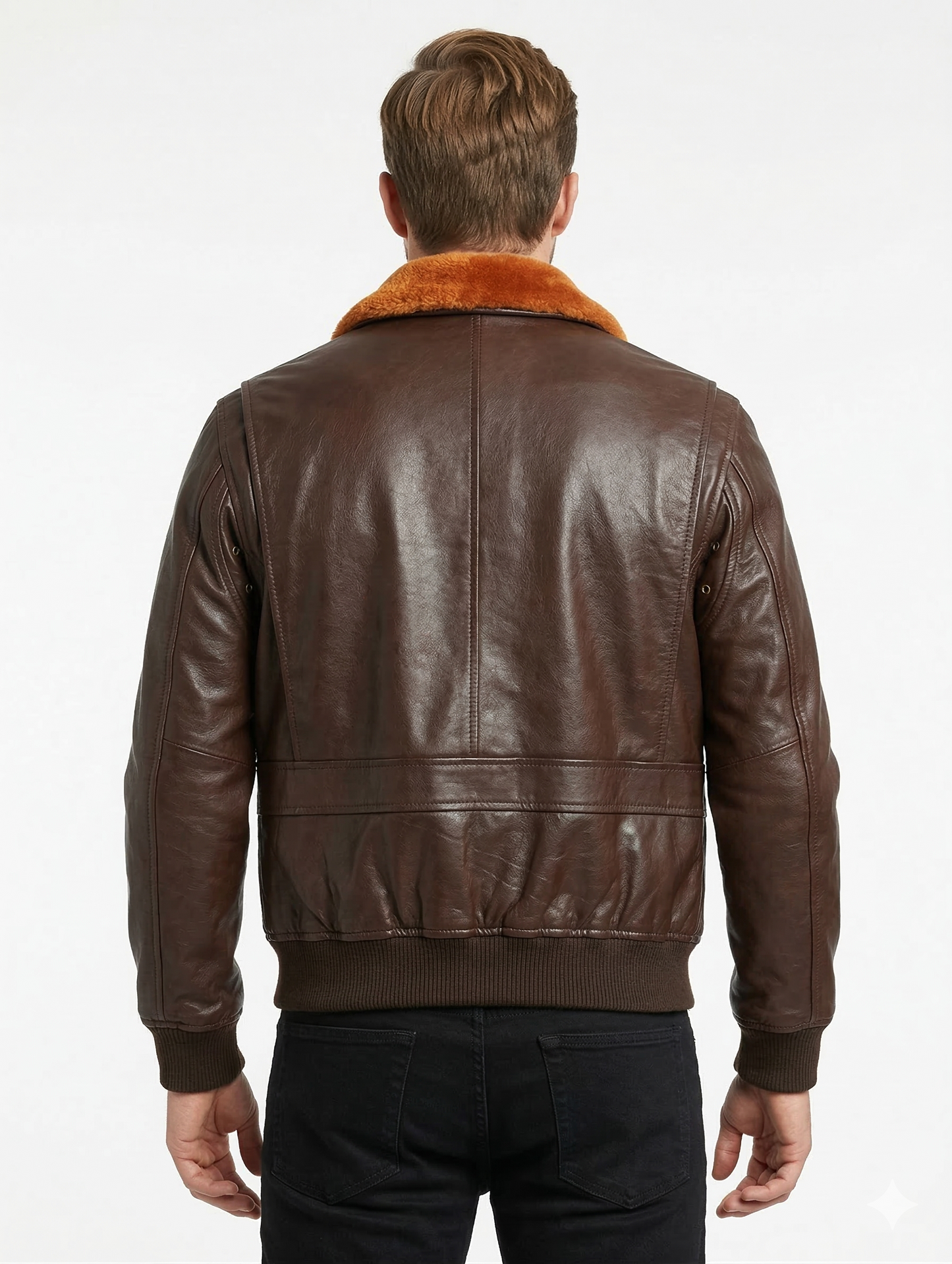 Men's Bomber G-1 Navy Real Leather Jacket with Removable Fur - Style 576-B — collar detail | Majestic Leather UK