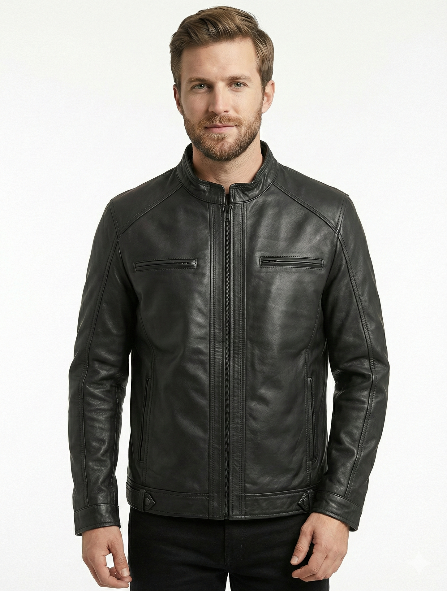 Men’s Real Lambskin Black Biker Leather Jacket LHF-1182 | Majestic Leather — front view | Majestic Leather UK
