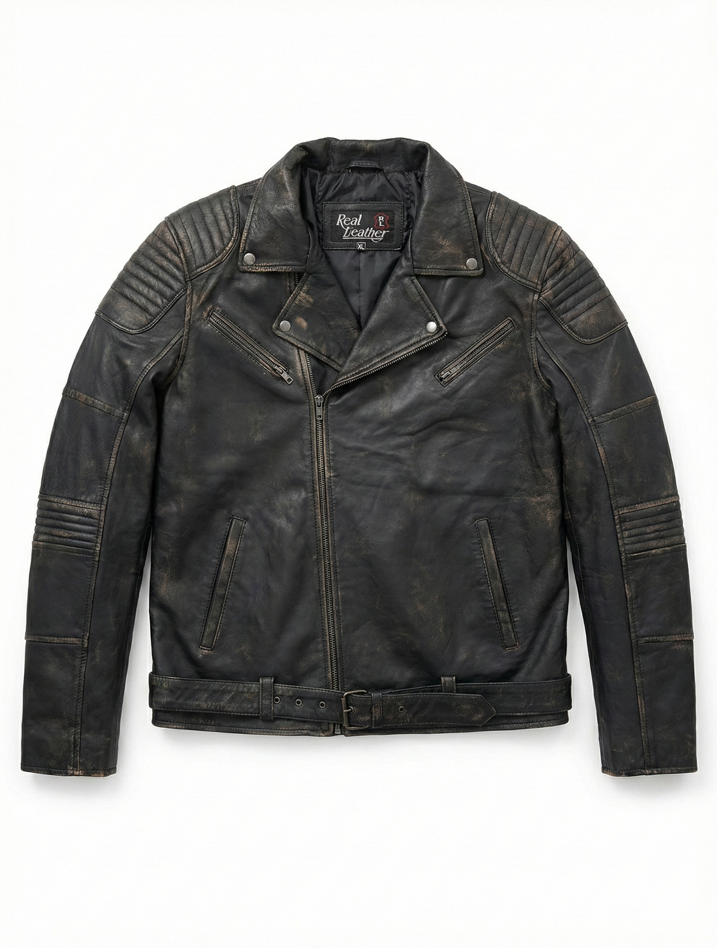 Men's Biker Cafe Racer Distress Black Leather Jacket Style-1158 — side profile | Majestic Leather UK