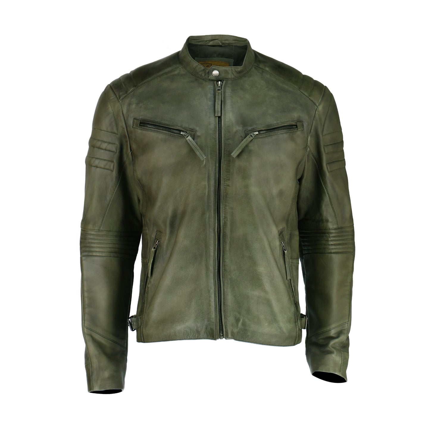 Olive Vintage Cafe Racer Leather Jacket | Majestic Leather — front view | Majestic Leather UK