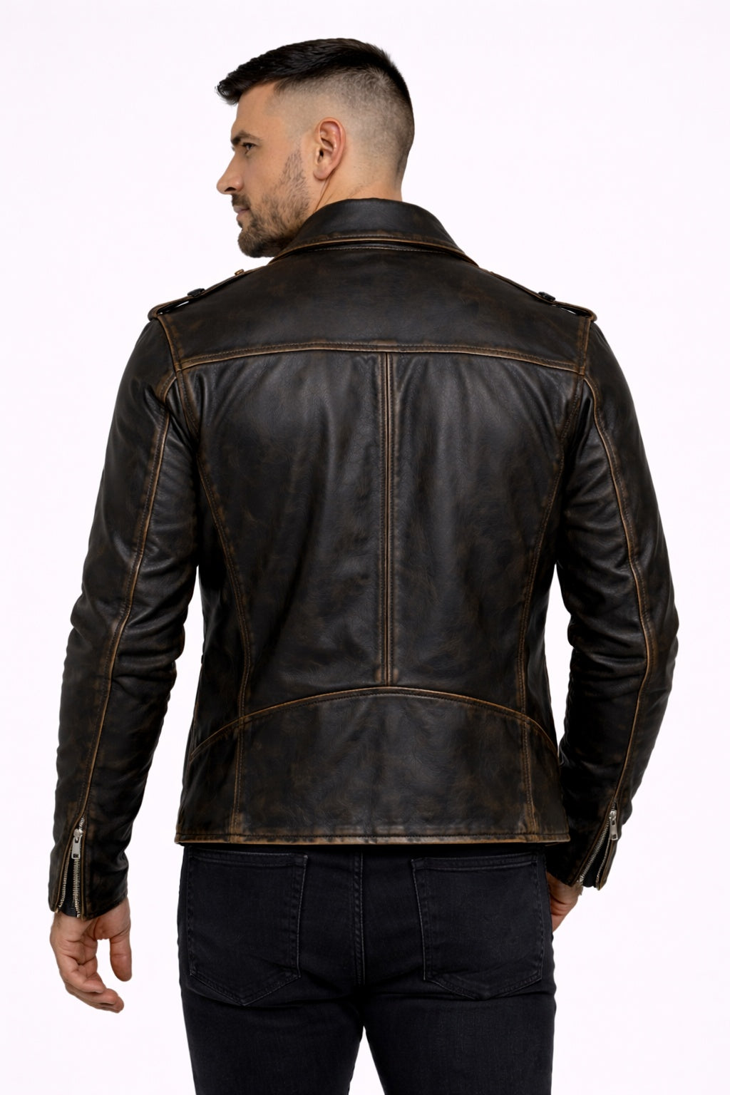 Men's PD-1 New Milano Vintage Biker Black Racer faded Golden Seams Leather Jacket Majestic Leather