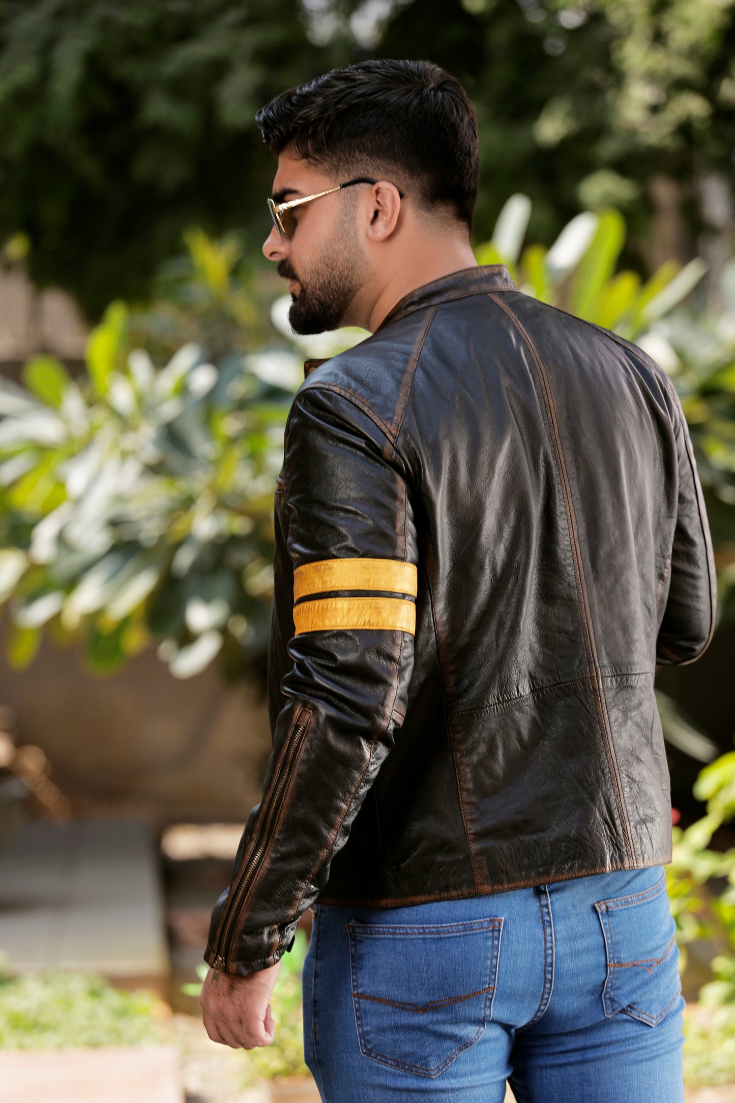 Yellow straps Distress Black Real Leather Jacket | Majestic Leather — product detail | Majestic Leather UK