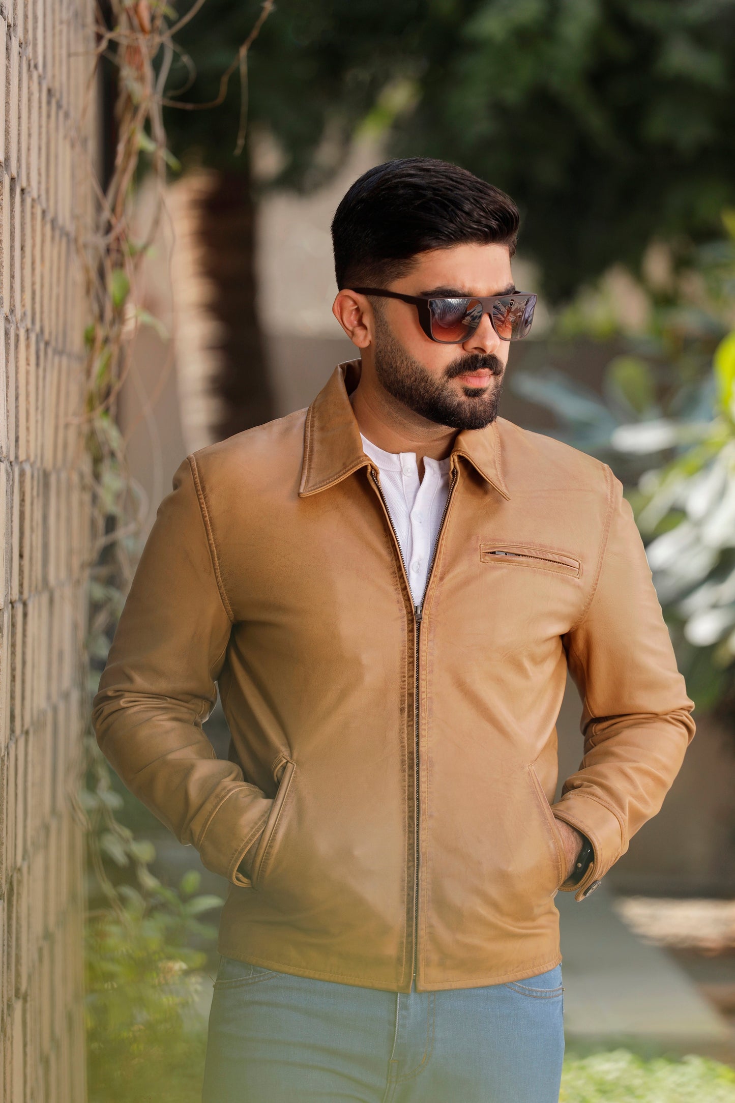 RLP Biker Baige Brown Leather Jacket | Majestic Leather — sleeve detail | Majestic Leather UK