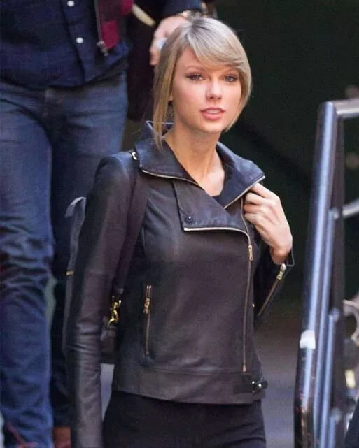 Taylor Swift Black Biker Leather Jacket — collar detail | Majestic Leather UK
