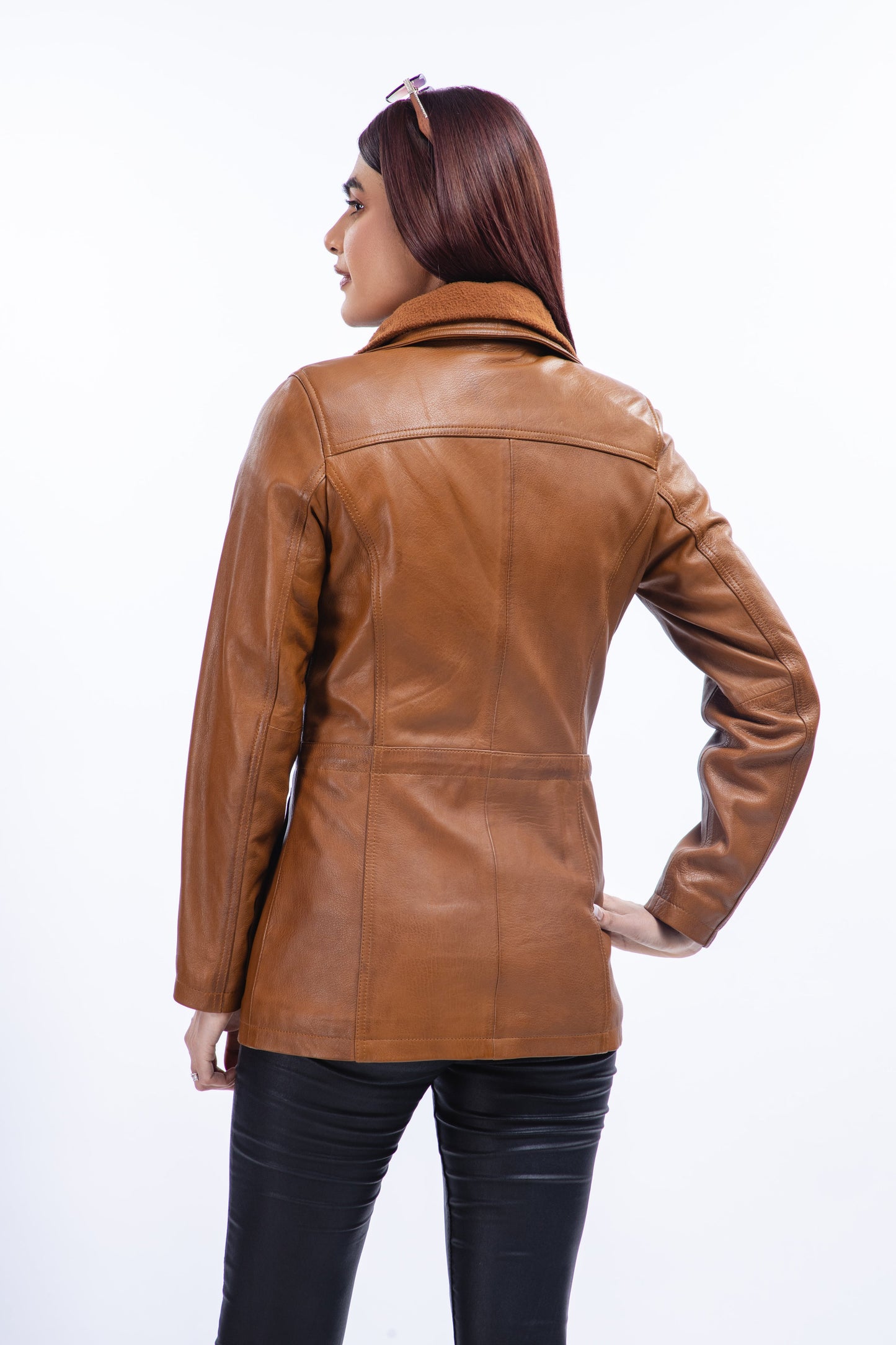 Woman Real Lambskin Camel Brown Three-quarter Leather Coat | Majestic Leather — product detail | Majestic Leather UK