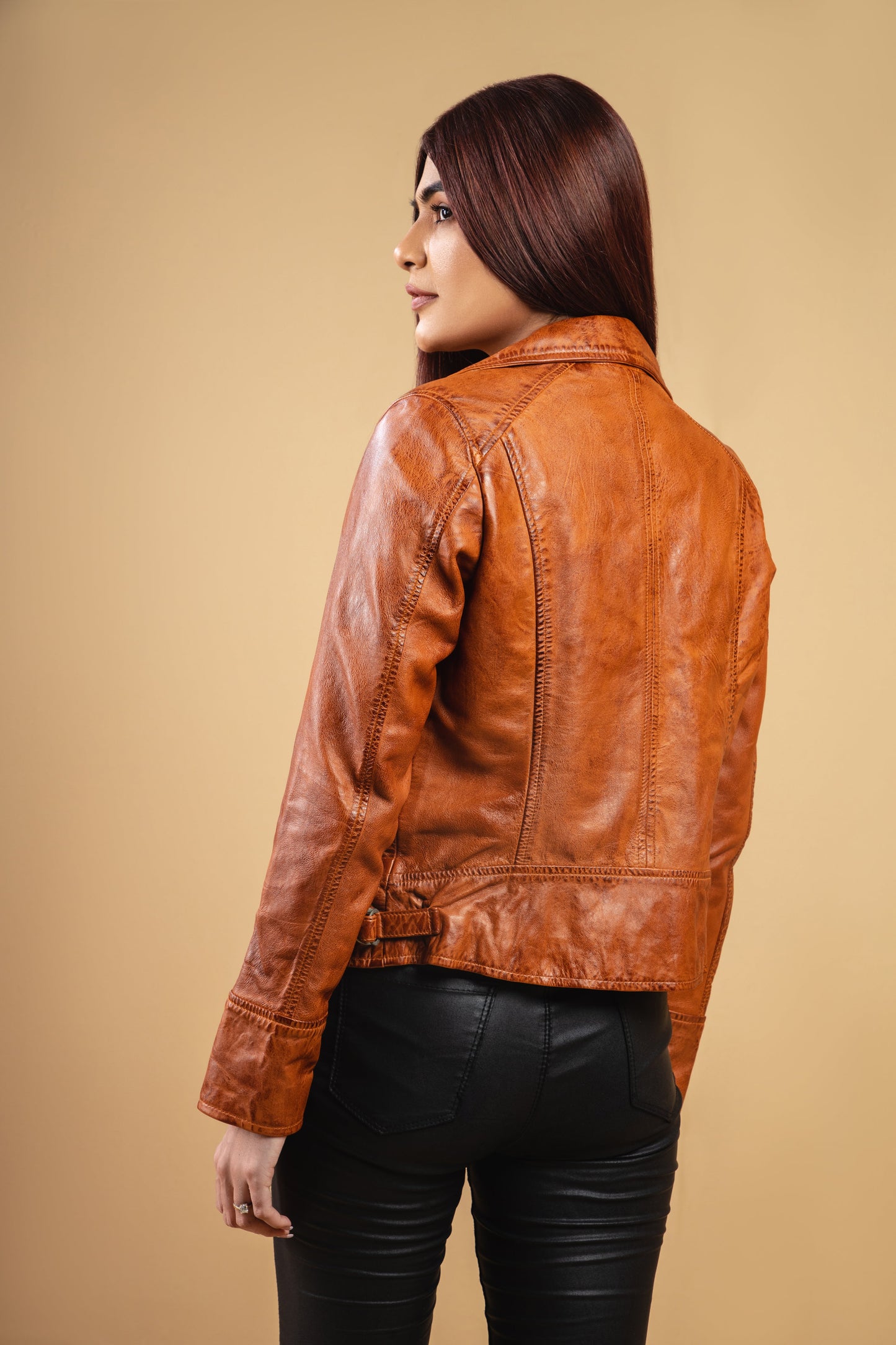 Woman Real Leather Biker Leather Jacket Tan Brown Waxed Soft Lambskin — product detail | Majestic Leather UK