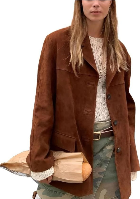 Women's Brown Suede Leather Blazer – Vintage Western Style Genuine Suede Jacket