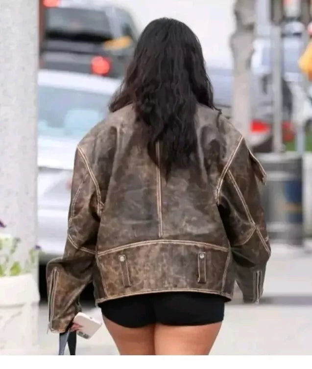WOMEN REAL LEATHER BIKER DISTRESS OVERSIZE JACKET