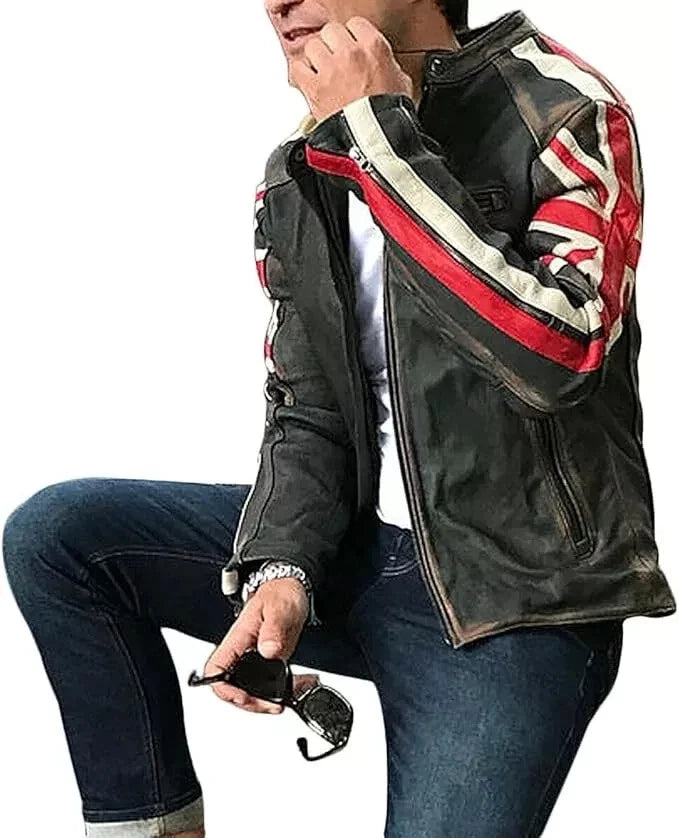 Men's Motorcycle Vintage Racer Union Jack Leather Black Distressed Jacket
