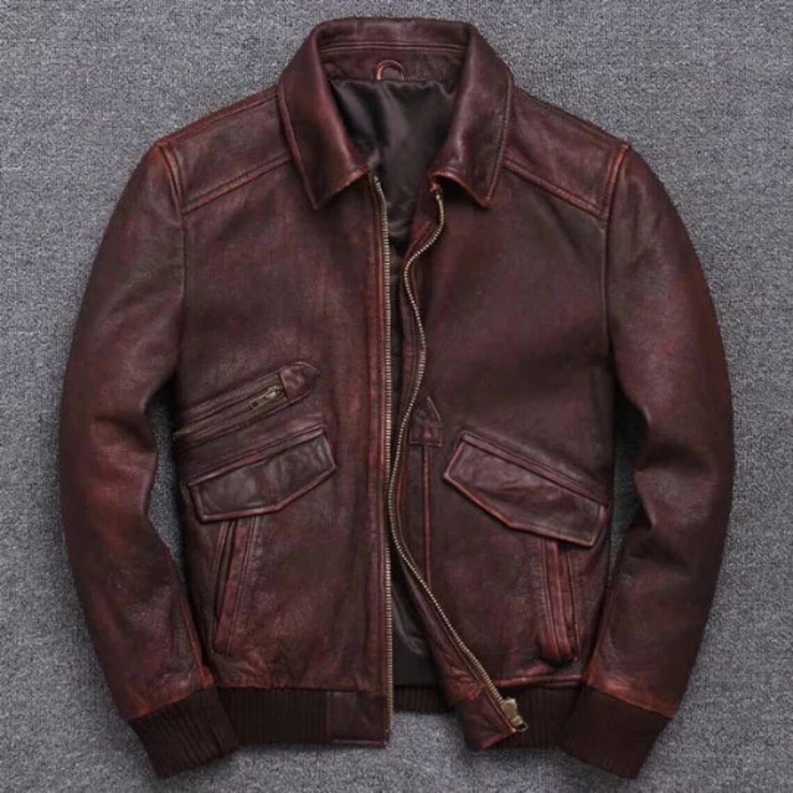 Men's Brown Biker Motorcycle Vintage Cafe Racer Real Leather Bomber Jacket