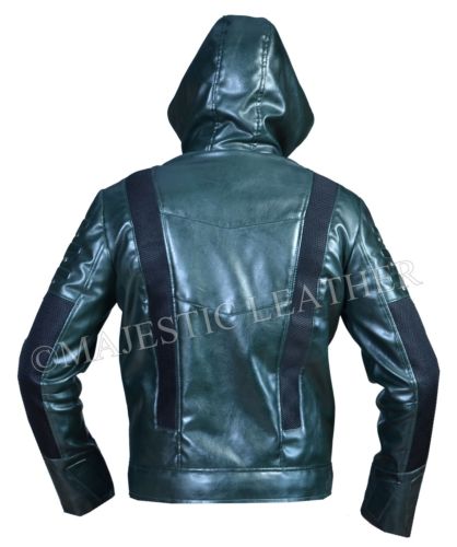 Vert Flèche Saison 5 Capuche Veste Cuir avec Joint Capuche