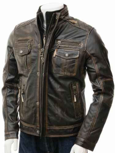 Mens Vintage Distressed Faded Seams Cafe Racer Cowhide Leather Jacket