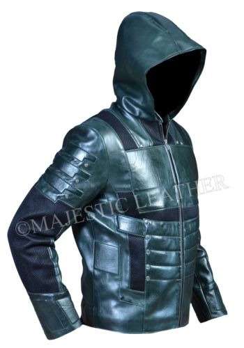 Vert Flèche Saison 5 Capuche Veste Cuir avec Joint Capuche