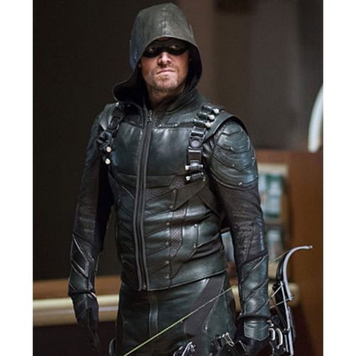 Green Arrow Season 5 Hoodie Costume Leather Jacket With Attached Hood
