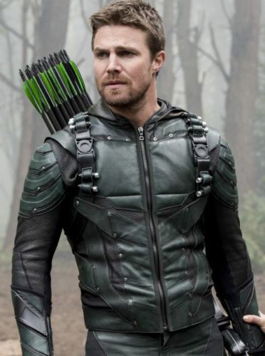 Green Arrow Season 5 Hoodie Costume Leather Jacket With Attached Hood