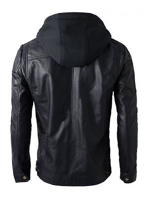 New Men's Motorcycle Brando Style Biker Leather Hoodie Jacket - Detach Hood