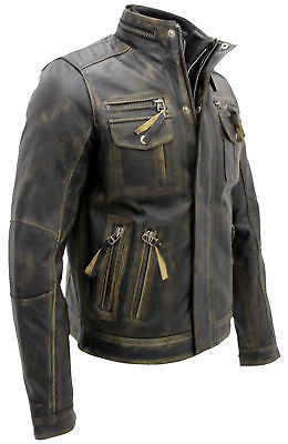 Mens Vintage Biker Style Motorcycle Cafe Racer Distressed Leather Jacket