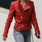 Red Women's Moto Lambskin Real Leather Jacket Motorcycle Slim fit Biker Jacket