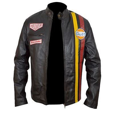 Steve McQueen Le Mans Driver Grandprix Gulf Black Real LeatherJacket - ALL SIZES