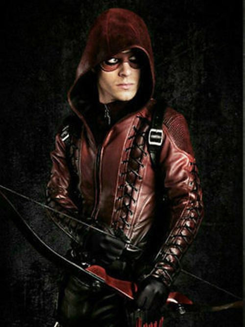 Arrow Arsenal Red Colton Haynes Hooded Costume Leather Jacket Majestic Leather