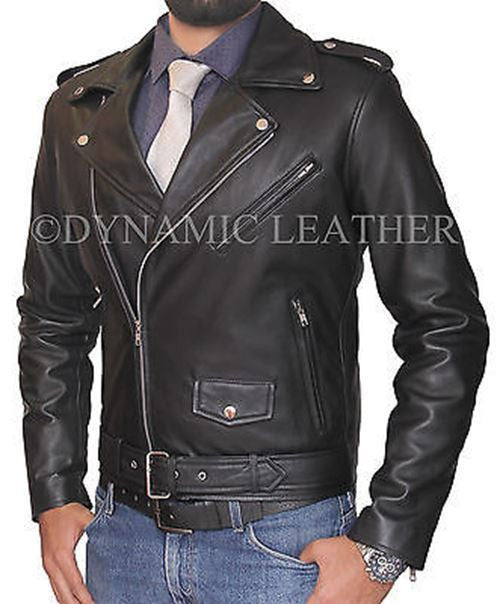 Mens Slim Fit Belted Rider Vintage Real Sheep Skin Leather Jacket Black BNWT