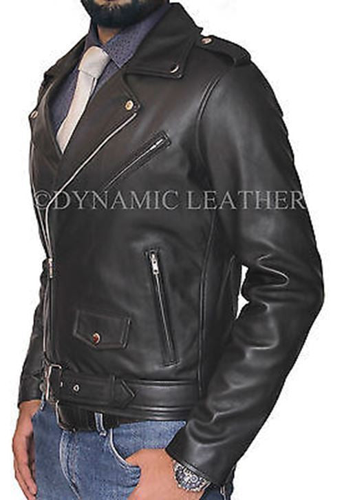 Mens Slim Fit Belted Rider Vintage Real Sheep Skin Leather Jacket Black BNWT