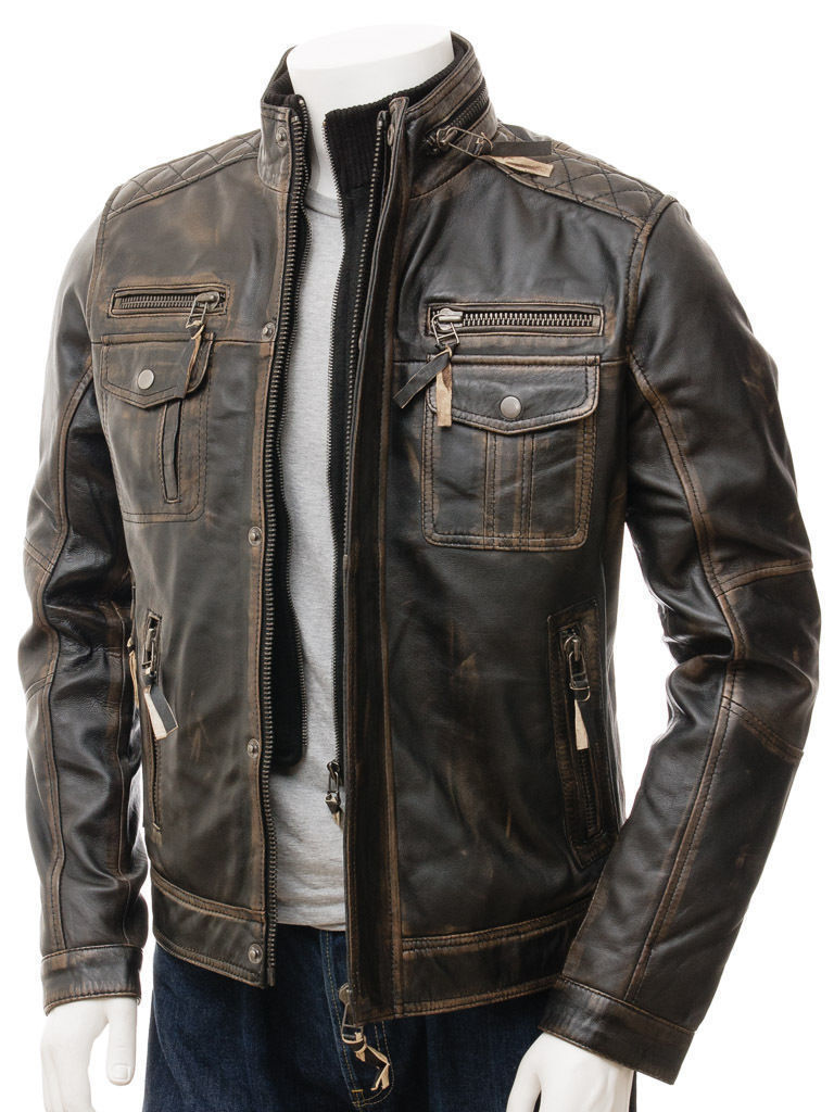 Men's Vintage Machinist Biker Cafe Racer Leather Jacket-BNWT